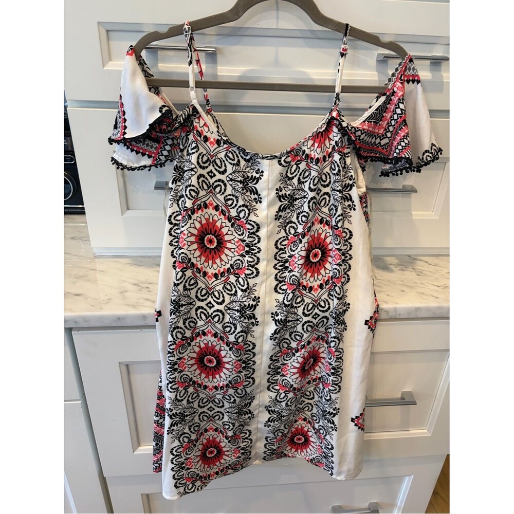 Cold-Shoulder Mini Dress in White with Pink & Black Print